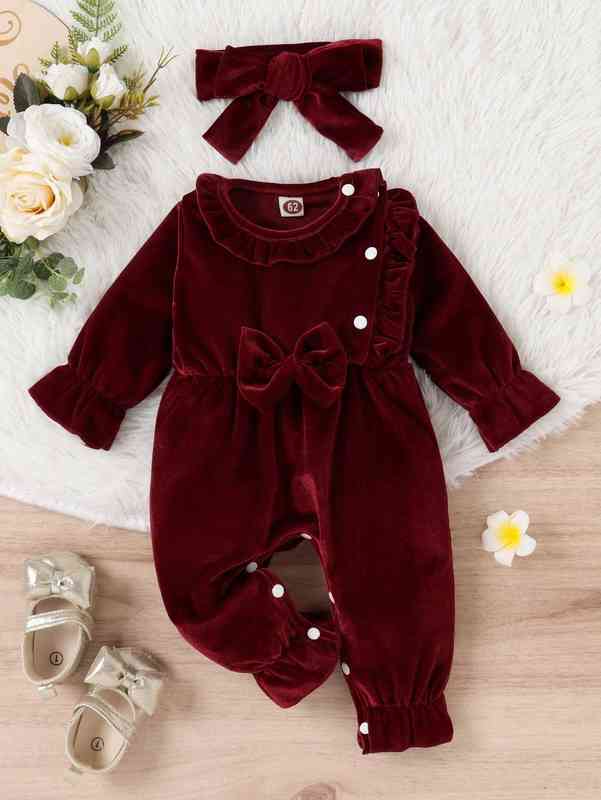 Baby Ruffle Trim Velvet Jumpsuit & Headband SHE