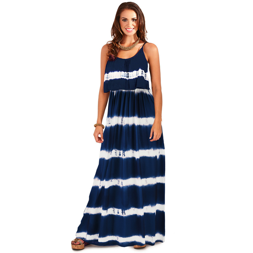 Women Dress Striped Color Matching Sleeveless Spaghetti Strap Dresses Plus Size Long Summer Clothes 210513