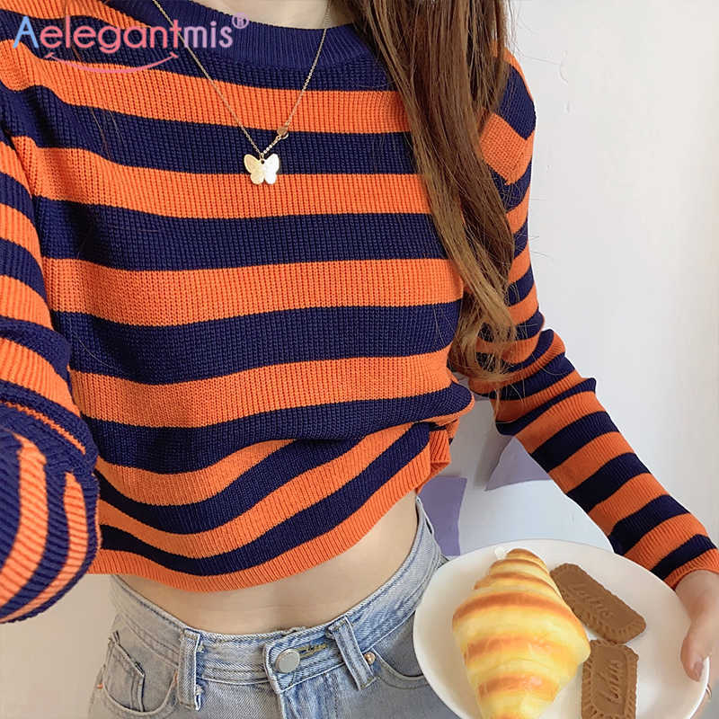 Aelegantmis Autumn Striped Women Knitted Pullover Sweaters Female O Neck Long Sleeve Knit Sweater Ladies Casual Jumpers 210607, Orange 
Aelegantmis Autumn Striped Women Knitted Pullover Sweaters Female O Neck Long Sleeve Knit Sweater Ladies Casual Jumpers 210607, Orange