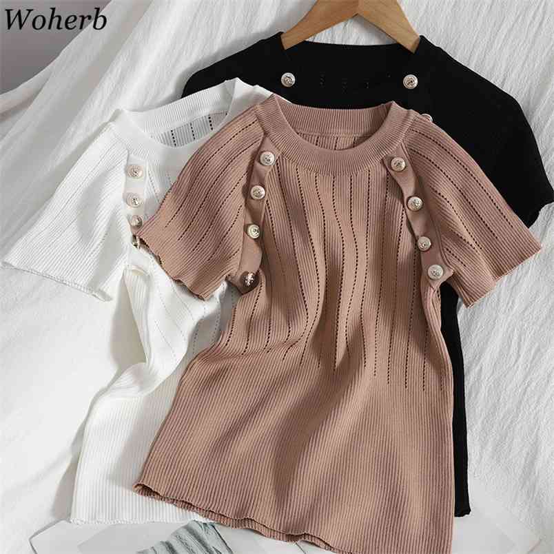 Summer Thin Knitted Short Sleeve T-shirt Women Button Patch O-neck Hollow Tops Casual Fashion Ladies Tshirts Femme 210519, White
Summer Thin Knitted Short Sleeve T-shirt Women Button Patch O-neck Hollow Tops Casual Fashion Ladies Tshirts Femme 210519, White