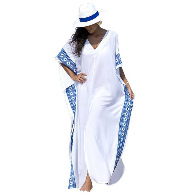 Embroidered Robe Beach Cover-Ups Sexy Deep V-neck Side High Split Loose Ladies Swim Coverup Women Boho Summer Dress White 210604