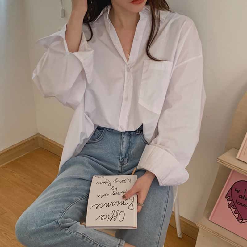 Korean Loose Office Lady White Shirt Pocket Button Up Lapel Tops Long Sleeve Casual Plus Size Clothing for Women Blusas 12729 210508