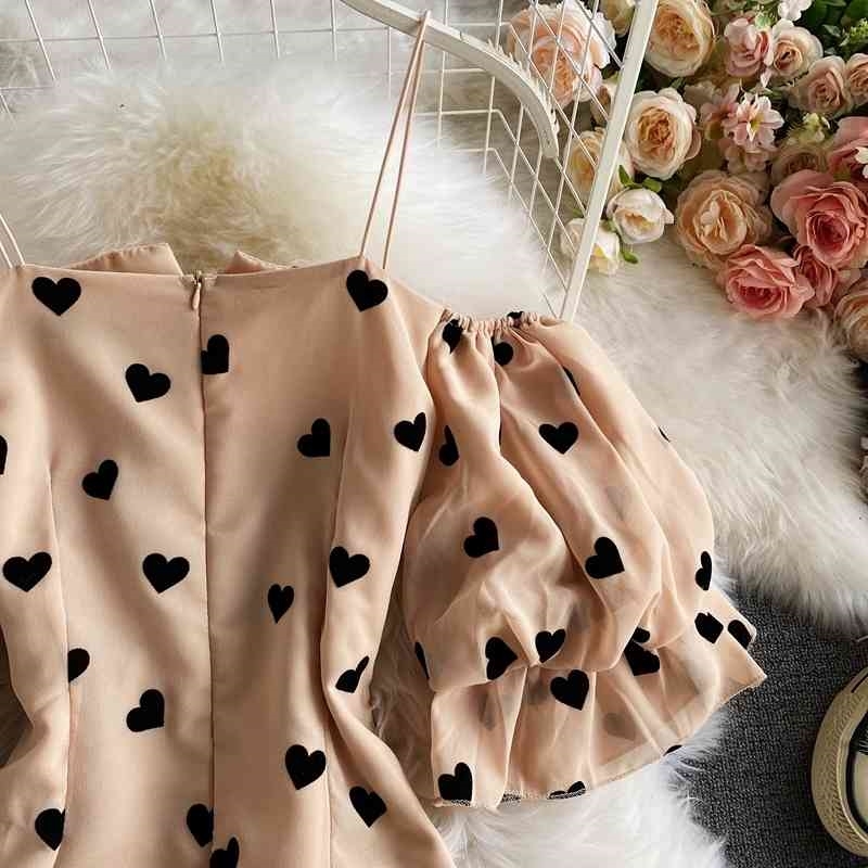 Sexy Mini Pleated Mermaid Chiffon Dress Woman Vintage Robe Summer Heart Print Cute Kawaii Dresses Vestido De Mulher 210519