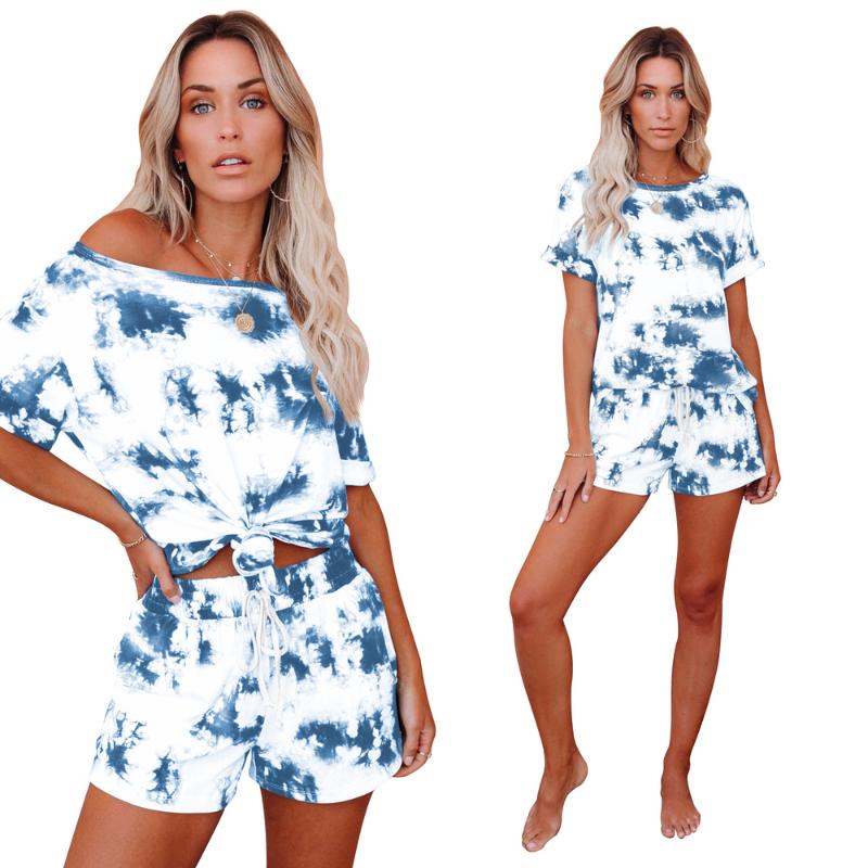 Casual Fashion Tie Dye Two Piece Set Women Pullover Short Sleeve T-shirt And Biker Shorts Summer Sweater Matching Sets 2021 Women's Tracksui