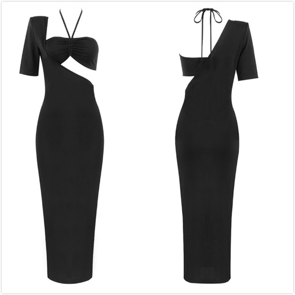 Free Chic Sexy Women Long Dress Halter Collar One Shoulder Short Sleeve Waist Hollow Bodycon Club Party 210524