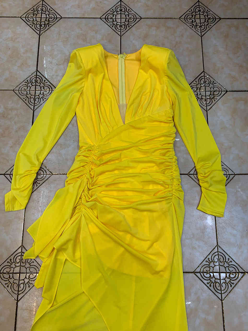 Free Women's Sexy Marx Dress Yellow V-neck Long Sleeve Bodycon Split Pleated Lace-Up Club Party Vestidos 210524