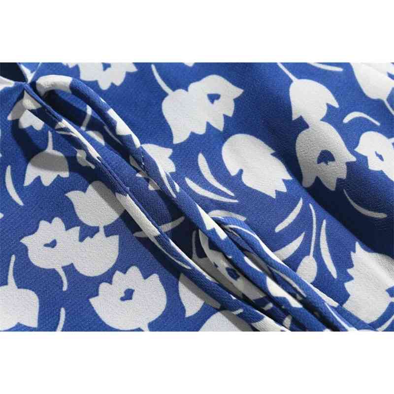 Retro Blue White Floral Print Lacing up 3/4 sleeve Mid Long Slit Dress Woman Vintage French Chiffon Split Dresses Holiday 210429