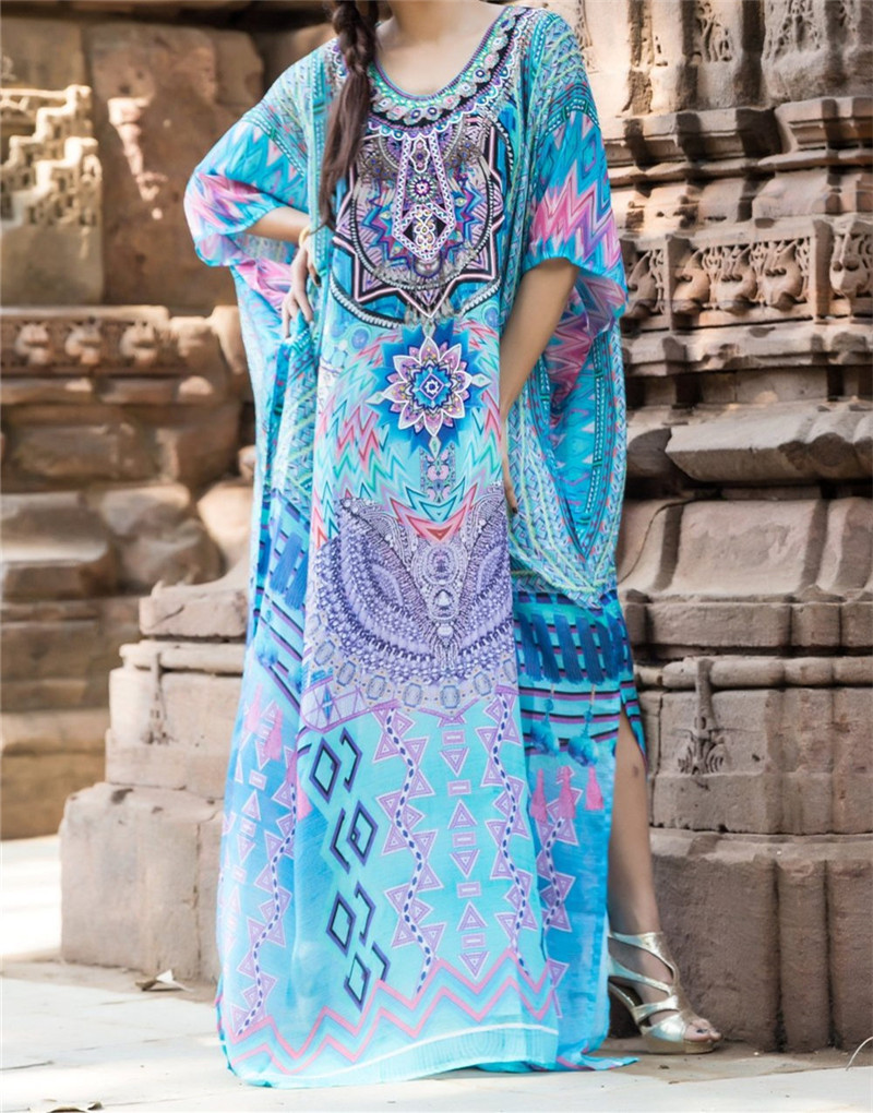 Bohemian Printed Women Caftan Beach Dress Bathing Suit Cover Up Summer Tunic For Woman Beachwear Robe de plage Kaftan #Q741 210420