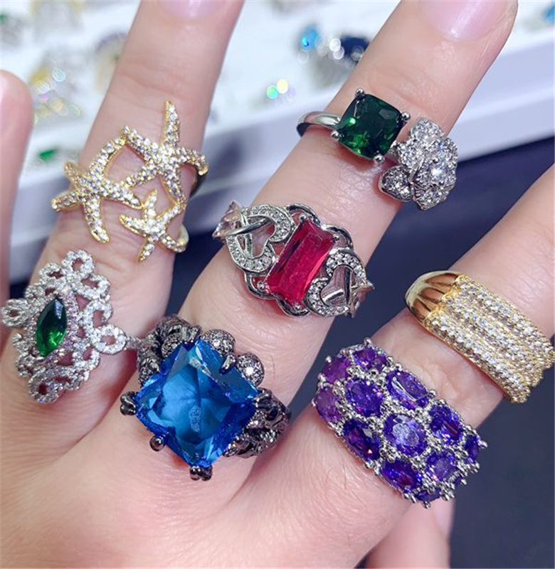 S925 silver Stone Rings Micro Inlaid Semi-Precious Colored Zirconium Ring Real Gold Plated Fashion Vintage Gems Female