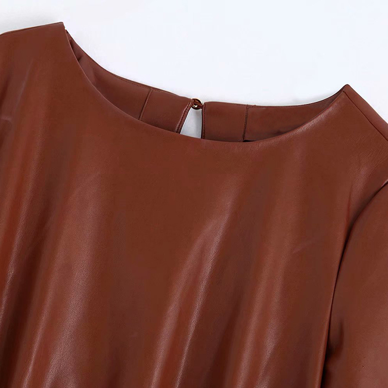 Vintage Lace Patchwork Pu Leather Women Dress Ladies Three Quarter Sleeve Pleated Midi es Fashion Elastic Waist Long 210515