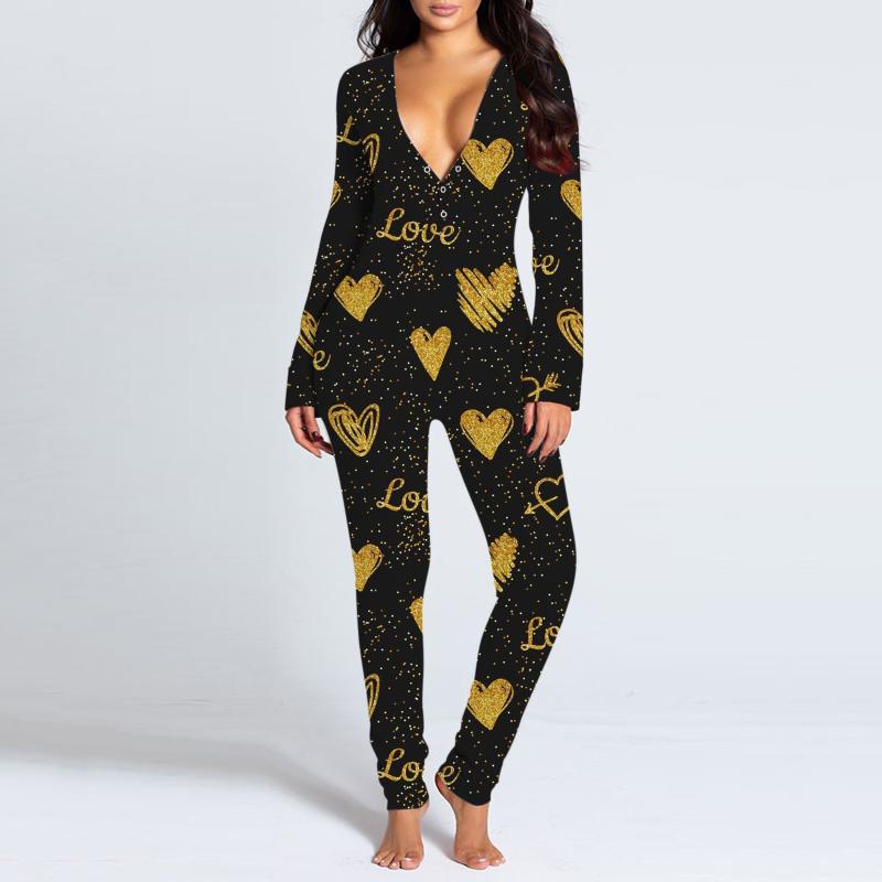Women's Jumpsuits & Rompers Button-down Print Functional Buttoned Flap Adults Jumpsuit High Quality Home Sleepwear Onesie