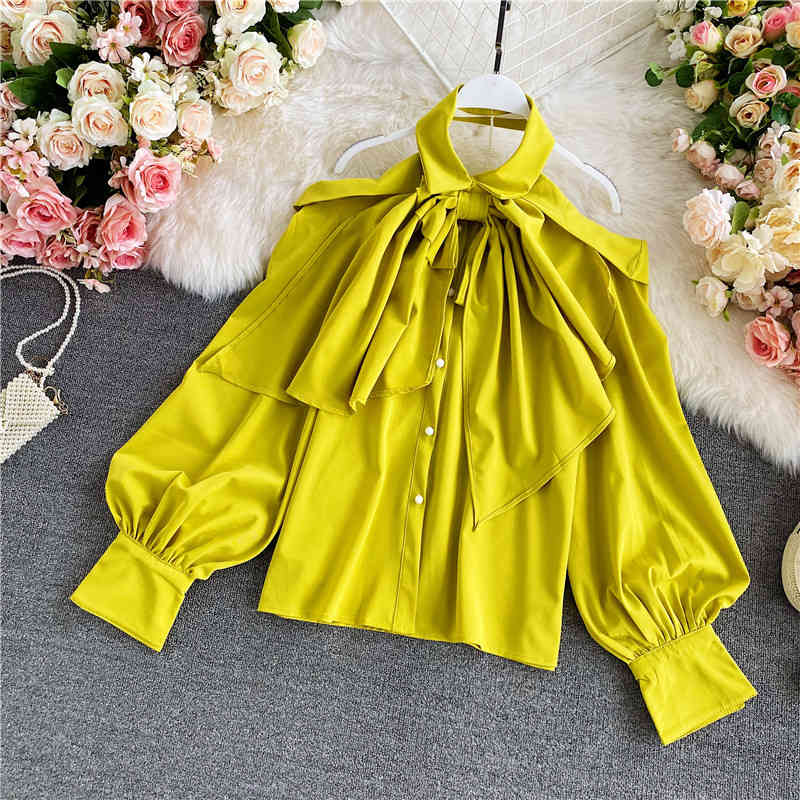 Nomikuma Sweet Bow Tie Halter Top Blouse Causal Long Sleeve Strapless Shirt Spring New Korean Blusas Mujer De Moda 6D830 210427