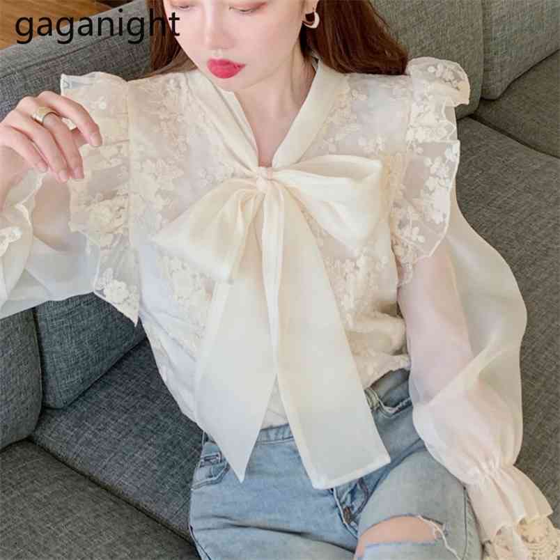 Korean Women Fashion Long Sleeve Bow Shirts Apricot Chiffon V-Line Flare Office Ladies Blouses Spring 210601