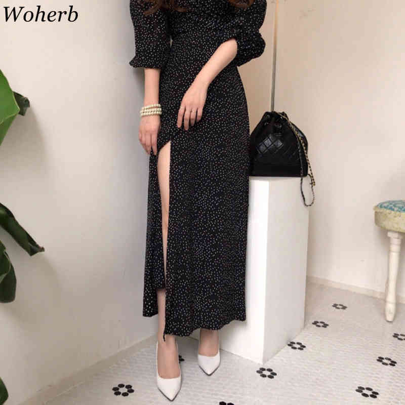 Maxi Dresses for Women V-neck Elegant Vestidos Feminino Bandage Slim Waist Robe Puff Sleeve Vintage Korean Chic Dot Dress 210422
