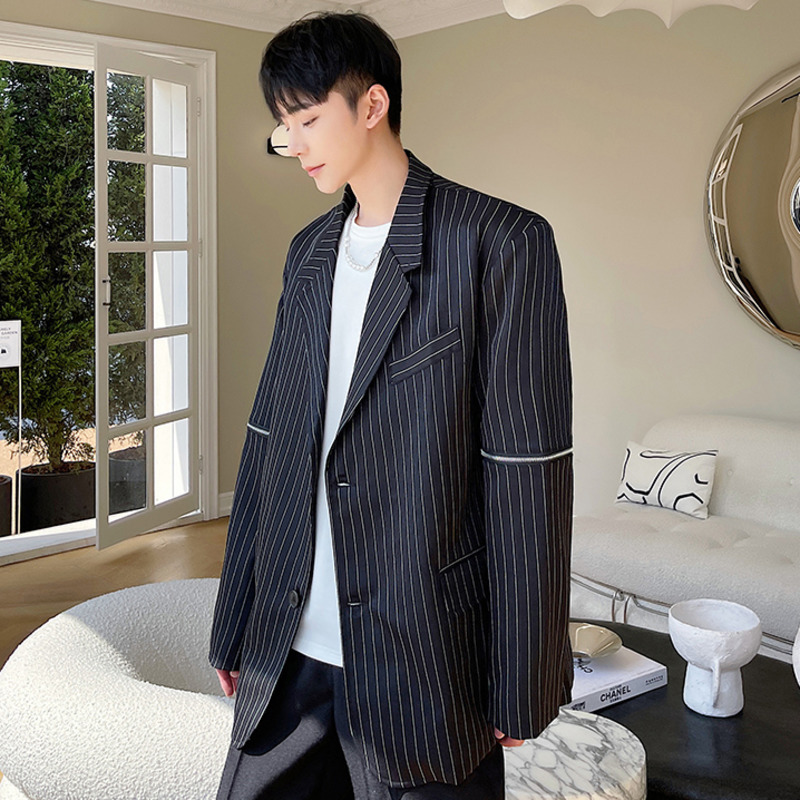 IEFB Zipper Detachable Long Sleeve Striped Men's Suit Coat Fashion Personality Black Loose Causal Blazer Male 9Y7071 210524
