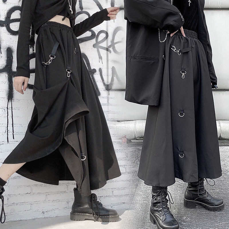 Plus Size Harajuku Punk Style Skirts Women High Waist Buckle Irregular Gothic Skirt Black Hip Hop Streetwear Freely Adjustable 210619