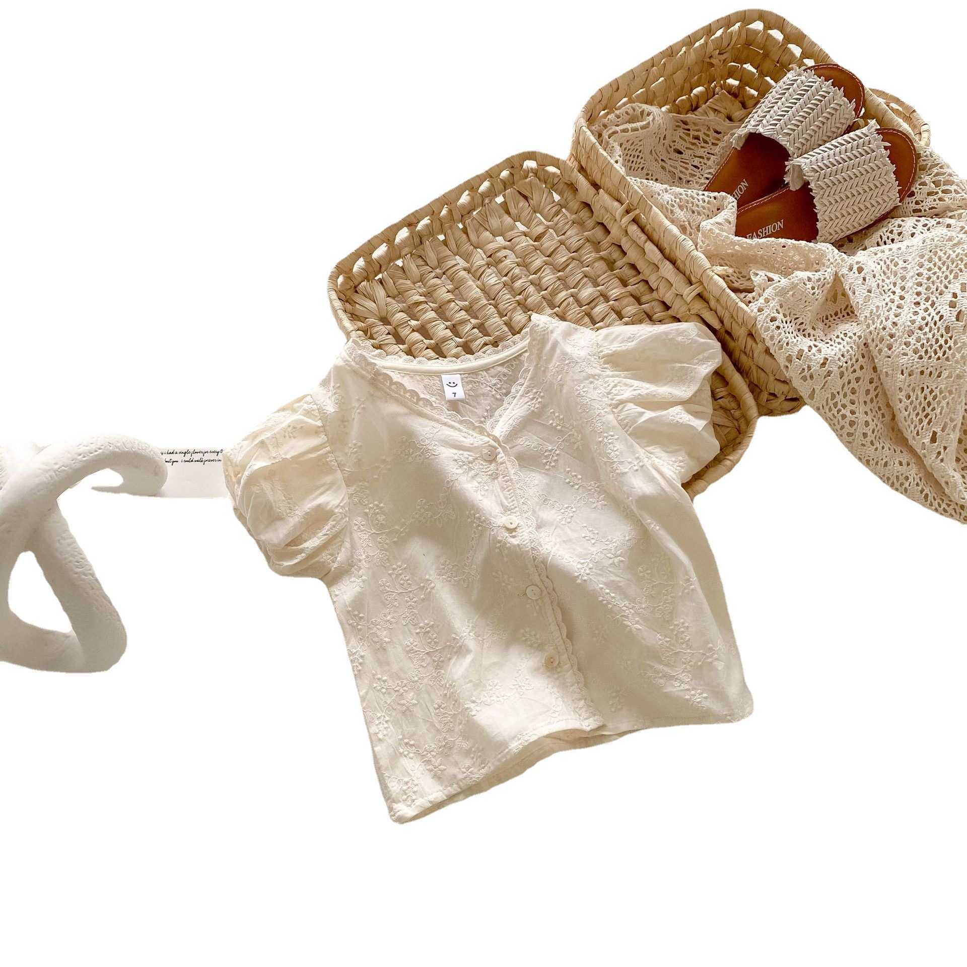 Summer Toddler Girl Blouse Japanese Styles Lace Tops Fashion Hallow Out Clothes Ins White Delicate 210529