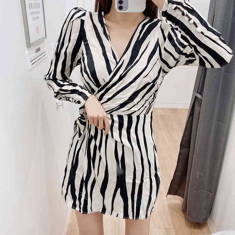 Zebra Stripe Mini Dress Women Bow Tie A Line Party Ladies V Neck Casual Long Sleeve es Vestidos Mujer 210508