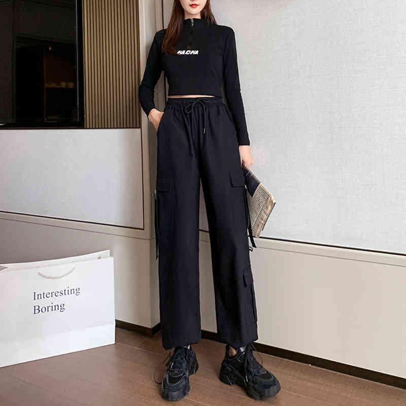 Big Pockets Cargo Women Waist Loose Streetwear Drawstring Trouser High Quality Pants B11206P 210416