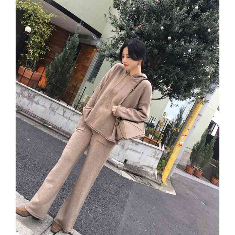 Two Piece Set Women Clothing Winter Knitted Warm Hooded Sweater+High Waist Wide Leg Pants Suit 210520
