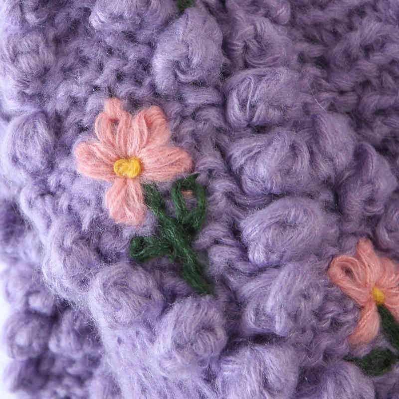 High Quality Heavy Handmade Crochet Knitted Cardigan Purple O Neck Puff Sleeve Sweater Jacket Embroidery Jacquard Jumpers Korea 210429