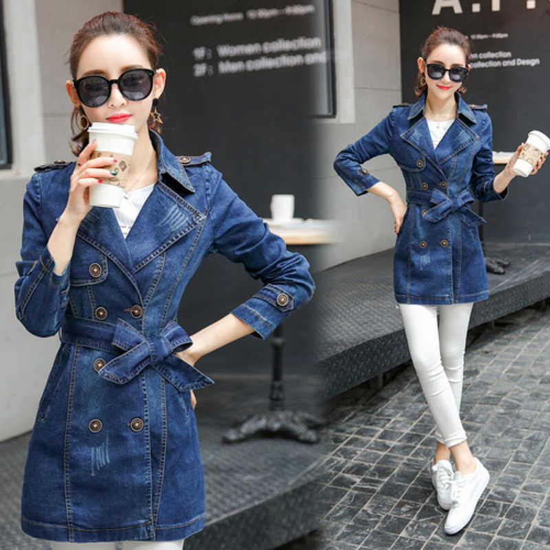 JMPRS Plus Size Women Denim Trench Fashion Autumn Slim Korean Female Long Coat Sleeve Tunic Double Breasted Windbreaker 210820