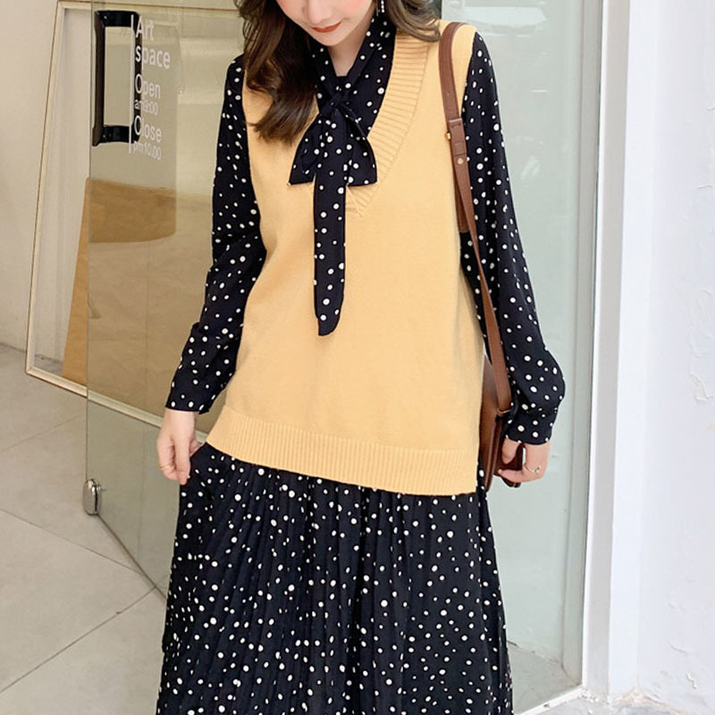 Korean Printed Chiffon Wave Dot High Waist Slim Long Sleeve Dress spring Maxi Casual Party Vestidos 7724 50 210427