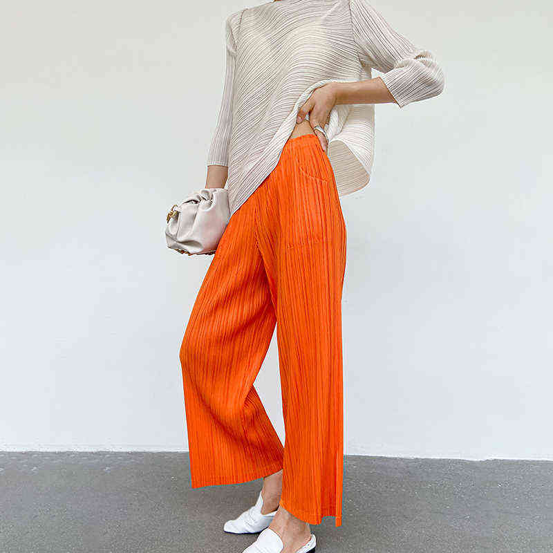 DEAT Frilly Pants Woman Solid High Waist Elastic Simple Thin Nine Length Loose Straight Causal Style Wild Autumn XQ362 211115