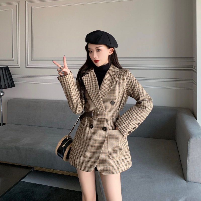 Vintage Double Breasted Office Ladies Plaid Blazer with belt Long Sleeve Houndstooth Suit Coat Jacket Women blazers Female 210519