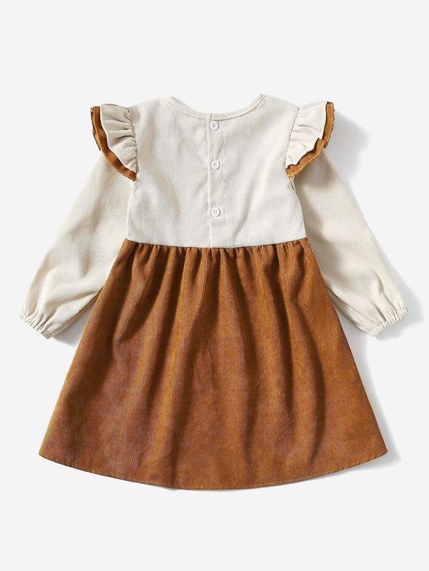 Toddler Girls Floral Print Ruffle Trim Corduroy Smock Dress SHE