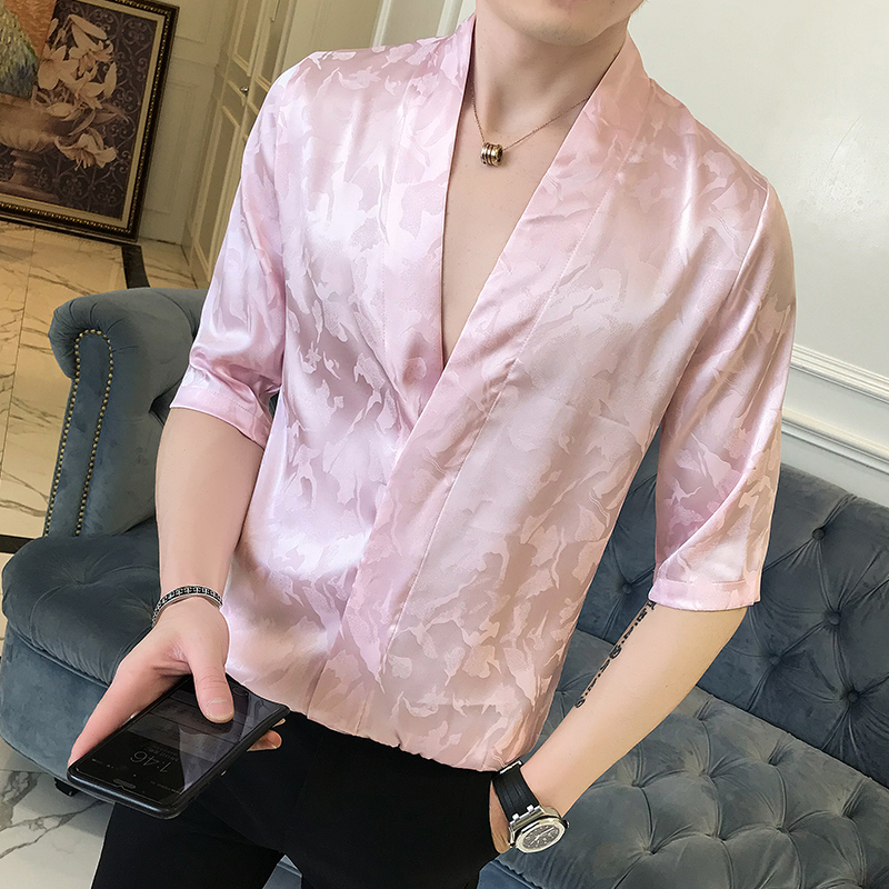 Pink Shirts Mens Silk Shirt Luxury Camisa Social Masculina Slim Fit Satin Black Men Fashion Japanese Summer