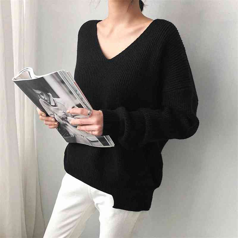 Korean Solid V-neck Pullover Sweater Women Winter Long Sleeve Fashion Loose Ladies Female Tops Jumpers Femme 210514