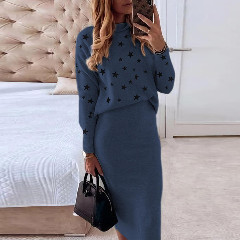 Autumn Skirts Women Set Office Lady Fashion Stars Print Sweatshirt Pullover and Bodycon Skirt Outfits Winter Vintage 2pcs Suits