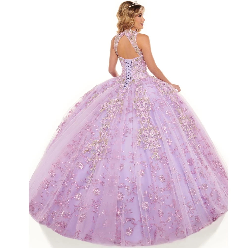 Purple Princess Quinceanera Dresses Lace Embroidery Sequin Ball Gown Vestidos De Quinceaera Plunging Neck Sweet 16 Dress