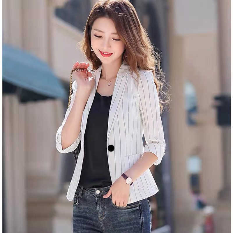 Spring Summer Women's Jacket Black White Striped Fashion Jackets Suit Three Quarter Sleeve Single Button Female Coat 210930