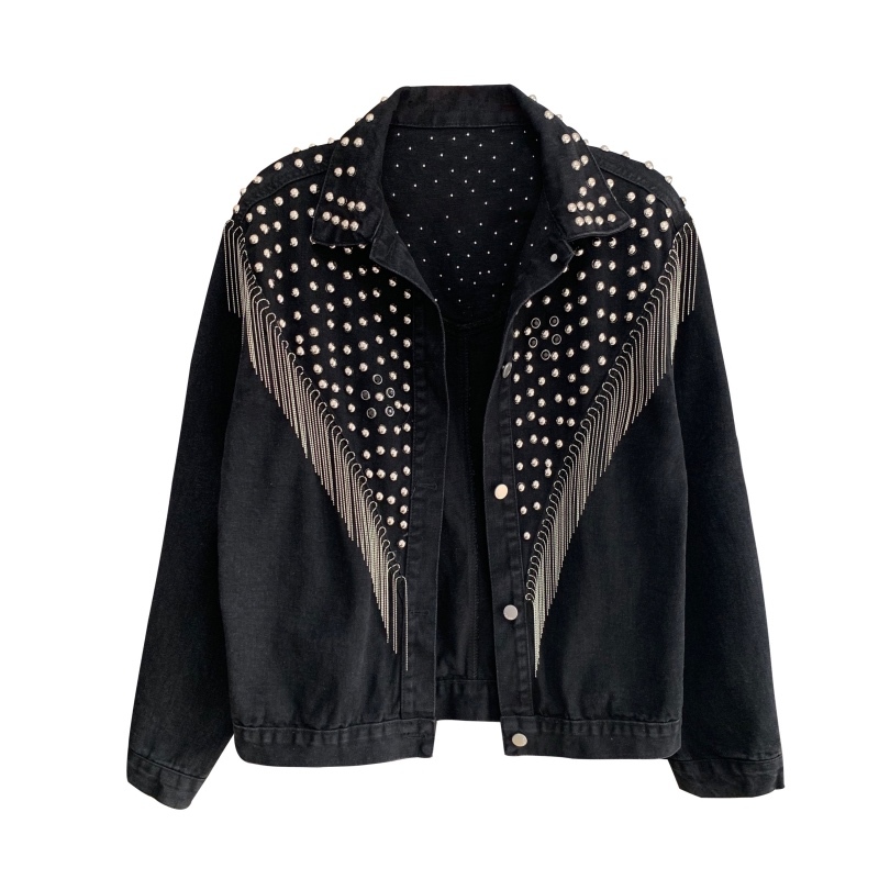 Spring Autumn Streetwear Denim Jacket Women Hand-studded Rivet Tassel Chain Short Jeans Jacket Loose Casual Outerwear 210518