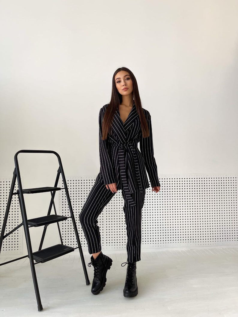 Fashion Striped Women Blazer Suit with Belt Long Sleeve Slim Fit Ladies Formal Pants Suits Prom Party Wedding (jacket+pants)