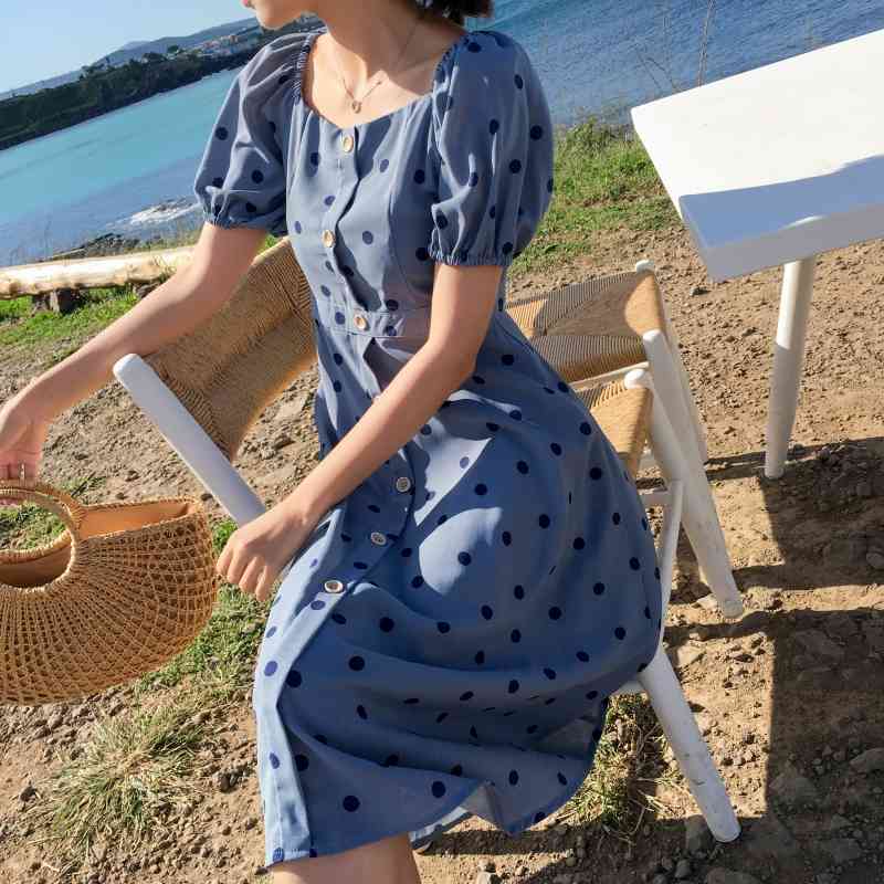 Summer Casual Dot Print Knee Length Dress sexy female dresses Sweet beach Holiday dress 210514