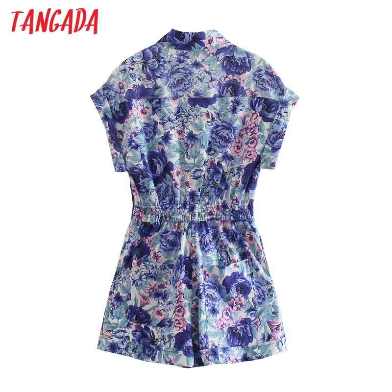 Women Chic Fashion Floral Print Playsuits Vintage Buttons Sleeve Female Short Jumpsuits 5Z91 210416