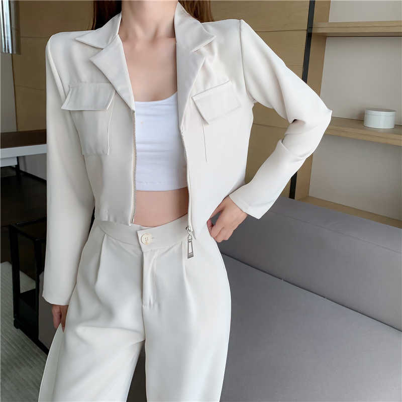 vetement femme Casual Two Piece Set Women Crop Top Vintage Blazers Coat & Pants Suits 2 piece sets outfits clothing 210930