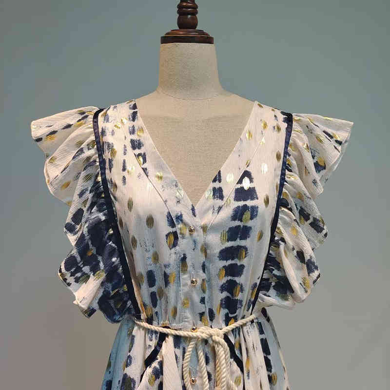 VGH Print Vintage Dress For Women V Neck Sleeveless High Waist Patchwork Ruffle Lace Up Dresses Female Fashion Clothing 210421