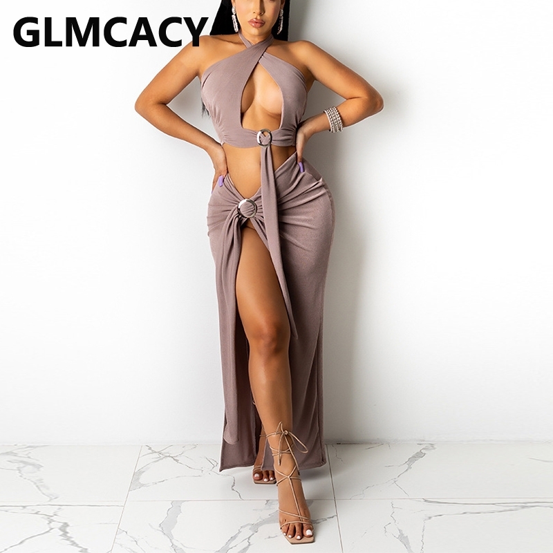 Two Piece Summer Chic Dress Suits Sexy Halter Backless Crop Top & Slit Maxi Skirt Set 210702