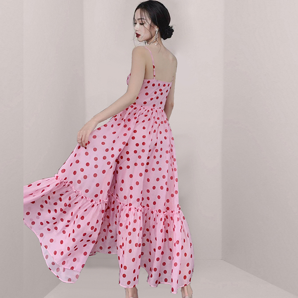Summer French Sweet Temperament Female Sexy Strapless Pink Polka Dot Chiffon Sling Beach Fairy Long Dress Vestidos 210518