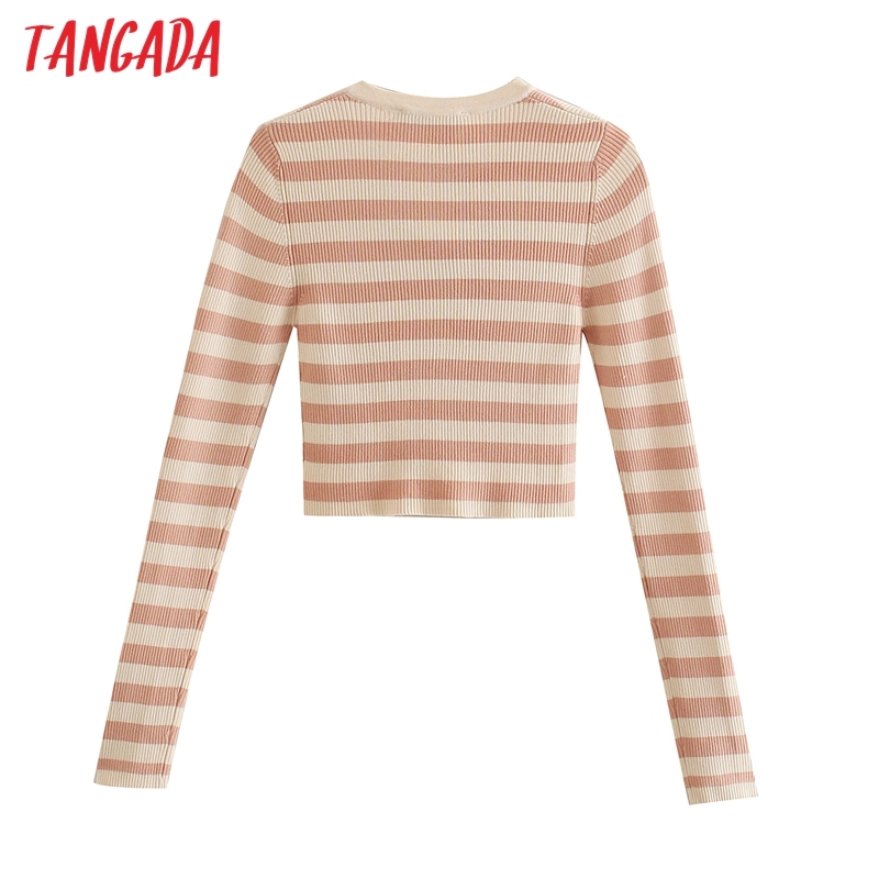 Women Striped Cropped Knitted Cardigan Sweater Thin Spring Long Sleeve Female Outerwear Chic Tops BE338 210416