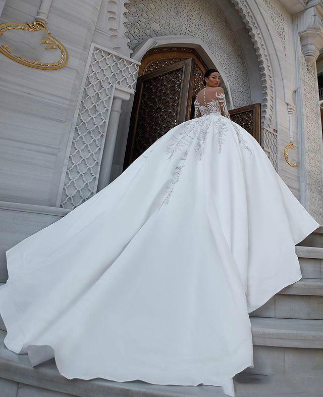2022 Plus Size Arabic Aso Ebi Luxurious Lace Beaded Wedding Dress Sheer Neck Long Sleeves Satin Sexy Bridal Gowns Dresses