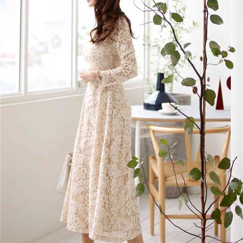 spring Elegant Sexy Hollow Out Lace dress Vintage LongSleeve V-Neck Robe Femme OL Casual slim Woman Party Long Dresses 210519