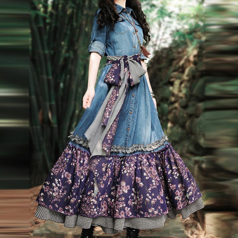 Casual Dresses High Quality 2021 Bohemian Long Maxi Denim Chiffon Patchwork Spring Boshow Three Quarter Sleeve Jeans Dress With Flower Belt