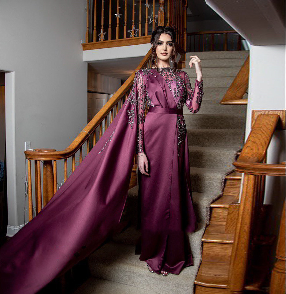 Grape Arabic Evening Dresses with Cape Long Sleeve Luxury Dubai Beaded Crystal lace Muslim kaftan middle east prom dress wear