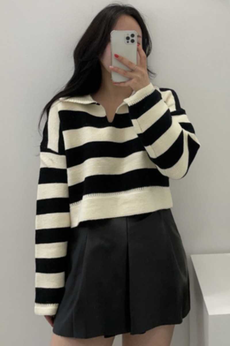 Autumn Turn Down Collar Long Sleeve Knitted Sweater Chic Hit Color Stripe Loose Pullover Tops Korean Fashion Woman Sweaters 211018