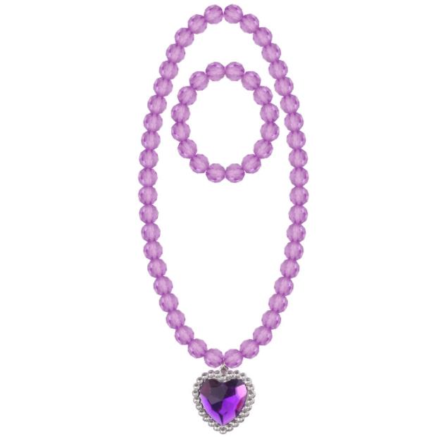 Beads Necklace and Bracelet Set for Kids Girls Jewelry with Crystal Heart Pendant Dress Up Pretend Play Party Favor Pink Blue Purple